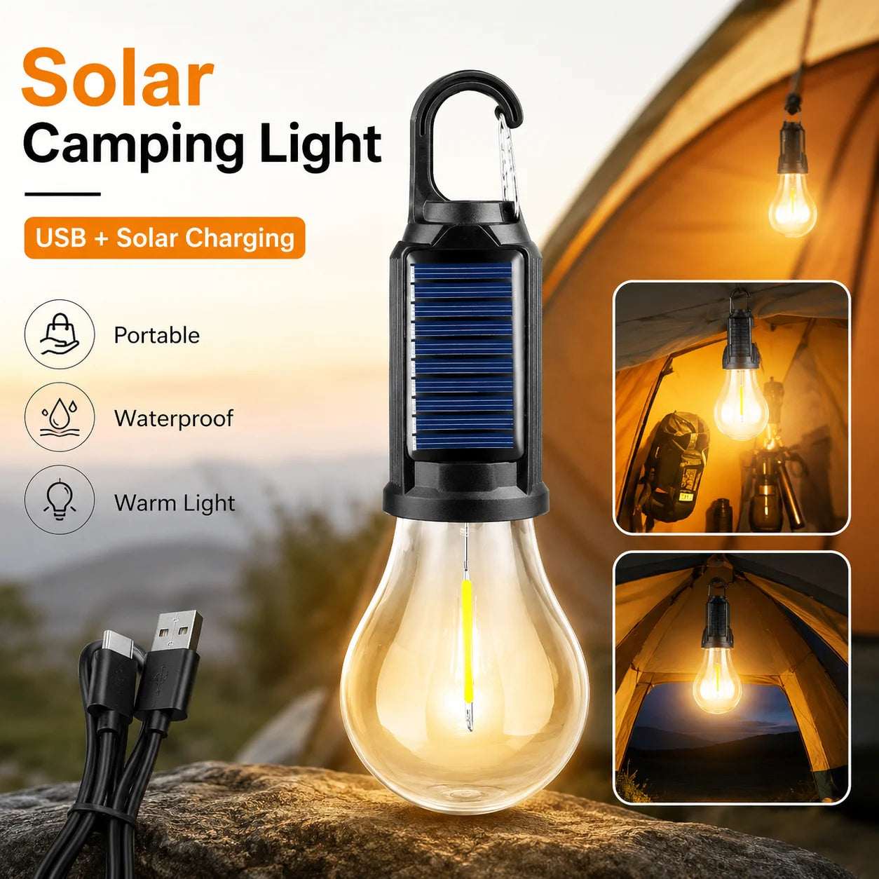 Solar Camping Light Bulb USB Rechargeable Hanging Tent Lamp Waterproof Portable Outdoor Lantern for Camping BBQ Garden Decor Zpaxo