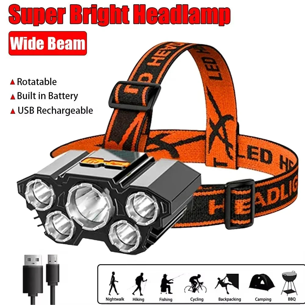 5-LED USB Rechargeable Headlamp – 4 Modes, 18650 Battery