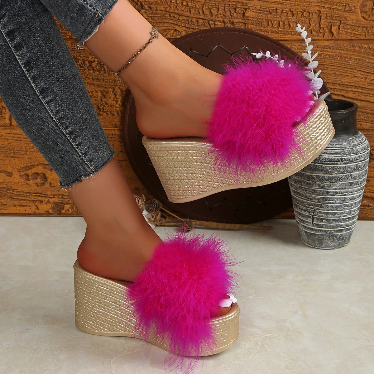 Women Sandals Outdoor Faux Fur Furry Fashion Luxury Platform Fluffy Zpaxo