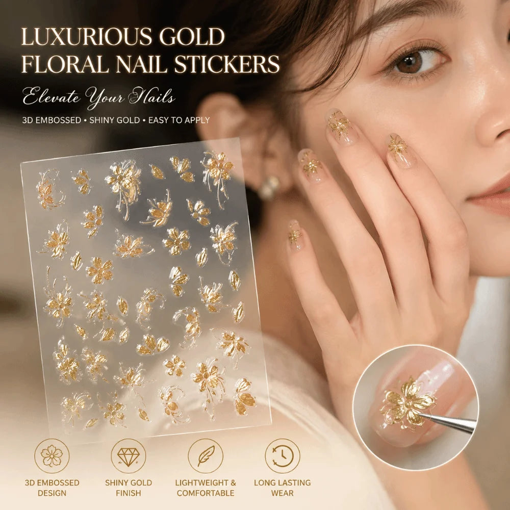 Gold Flower 3D Nail Sticker Adhesive Press on Nail Floral Relief Nail Sticker Lasting Flowers Nail Art Decal Nail Art Decoration Zpaxo