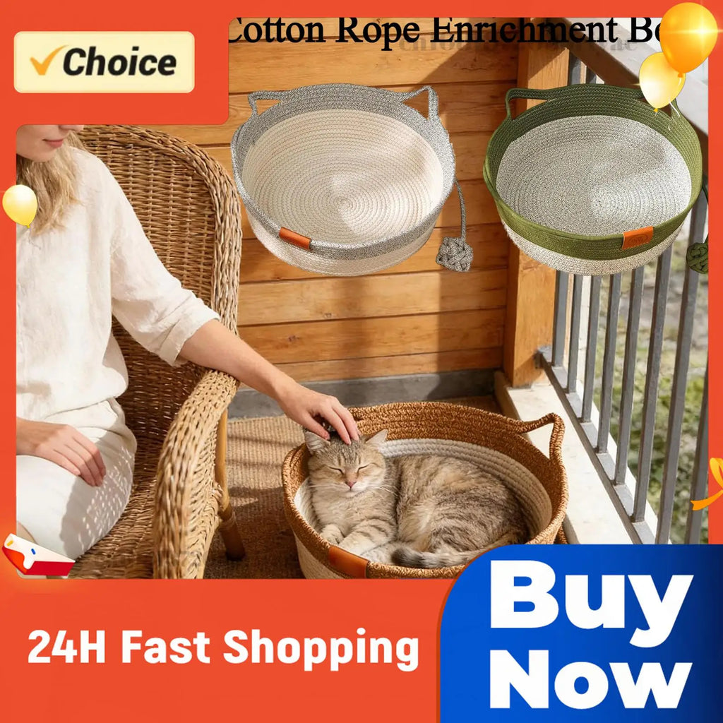 Japanese Pet Cat Bed Round Hand Woven Rattan Cat Beds Summer Cooling Kitten Basket Cotton Rope Enrichment Bed w/ Interactive Toy Zpaxo