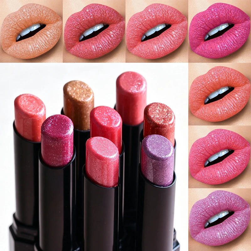 8 Colors Pearlescent Lipstick Lasting Waterproof Pink Rosey Metallic Diamond Lip Stick Glitter Solid Lip Gloss Makeup Cosmetic Zpaxo
