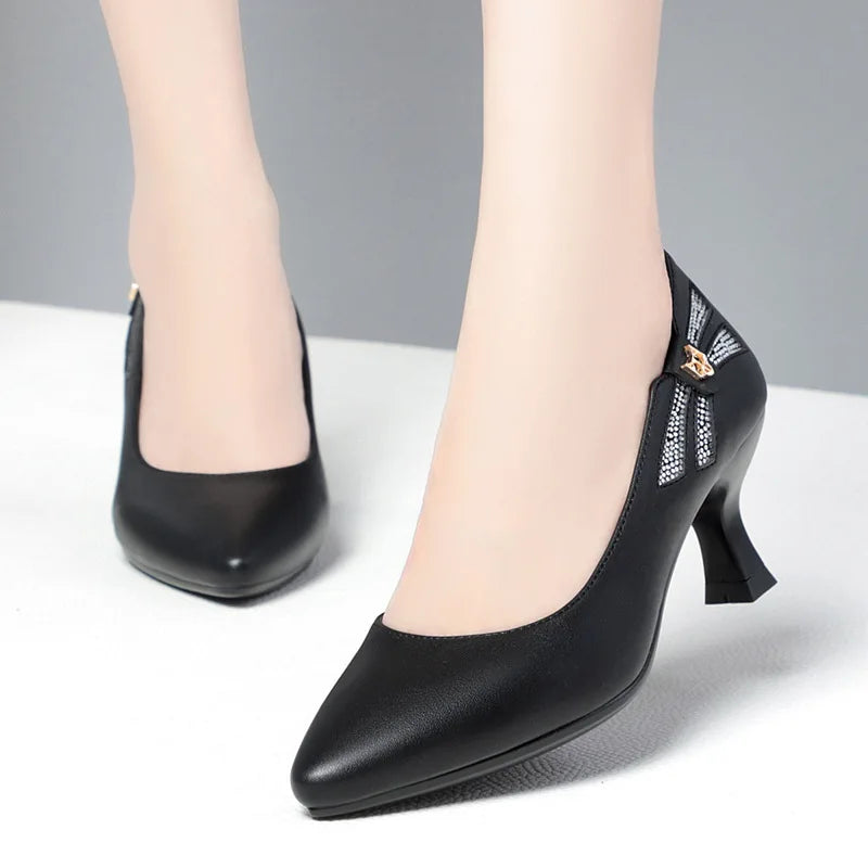Leather Women's Shoes 2023 Spring Single Work Mid-high Heel All-match Zpaxo