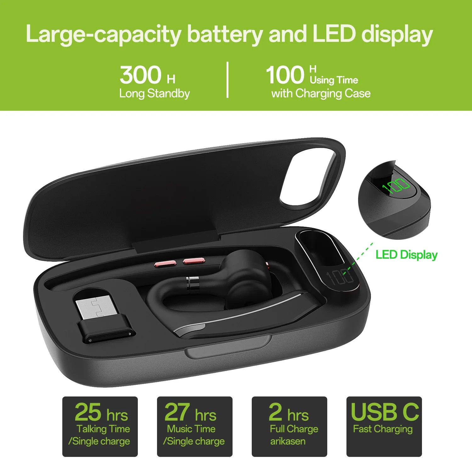 Bluetooth Headset Wireless Earpiece Upgrade Noise Canceling Mic 100H