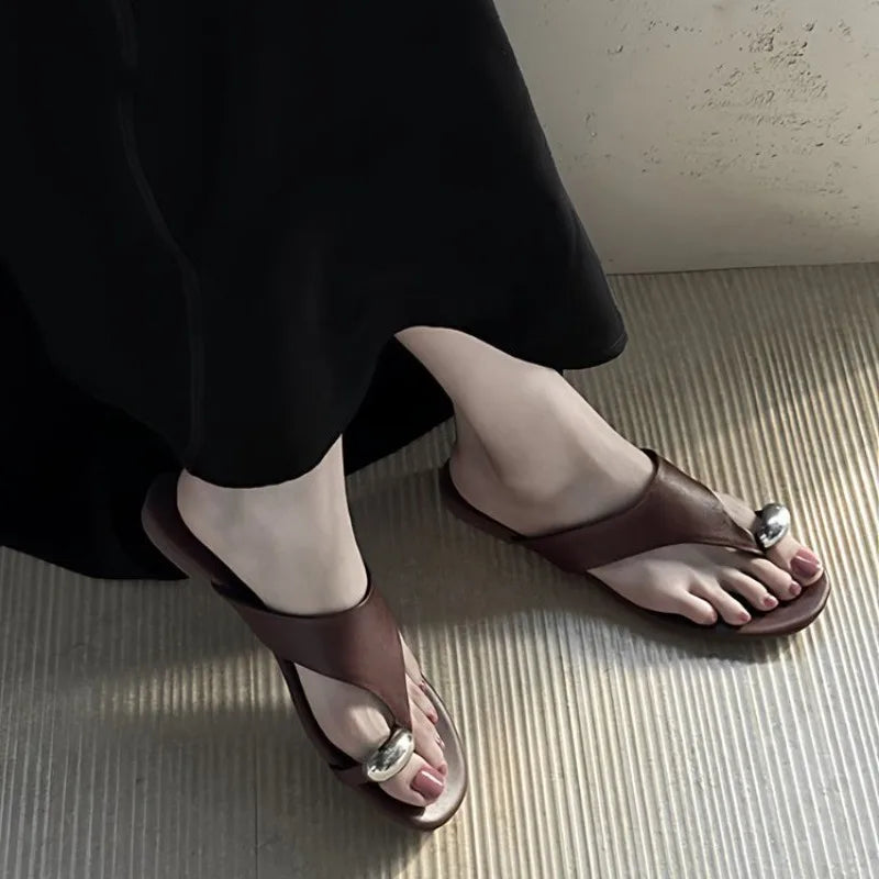 Women's Round Toe Loop Comfortable Vintage Solid Slippers Women Zpaxo Brown 40