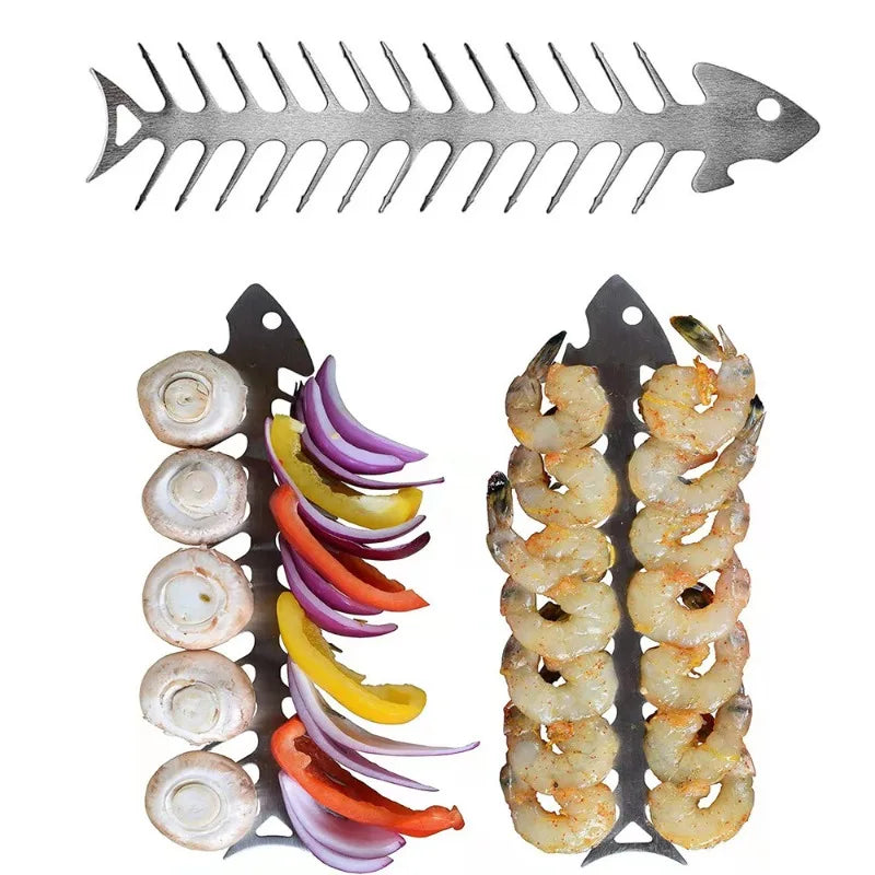 Fishbone Stainless Steel BBQ Skewer – Multi-Prong Grill Tool BBQ Grill Skewer Zpaxo