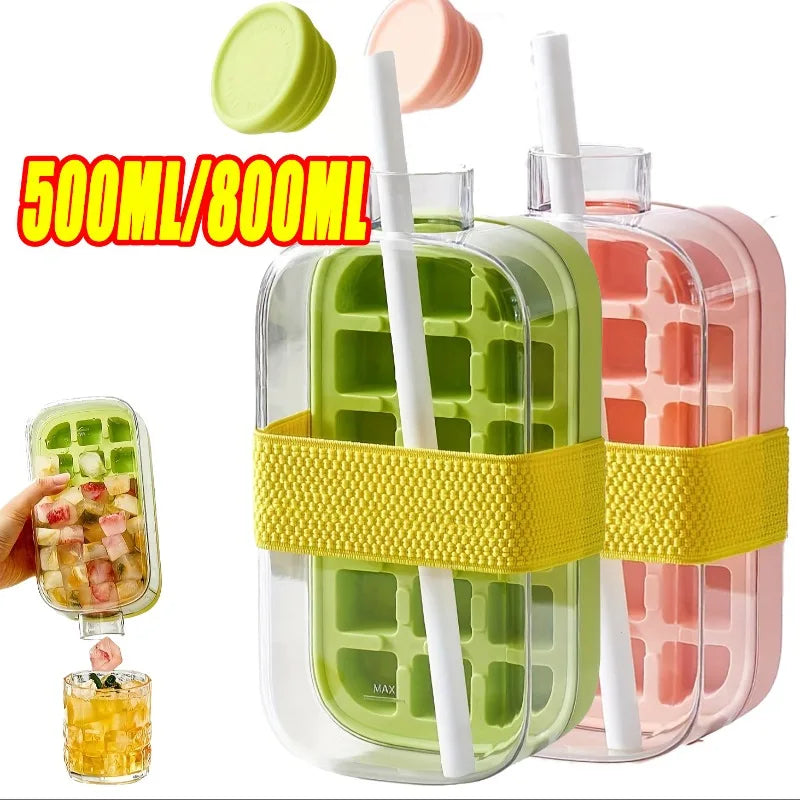 2-in-1 Ice Cube Tray Water Bottle with Press-to-Release Silicone Tray & Built in Bin Freezer-Safe Reusable Plastic with Straw Zpaxo