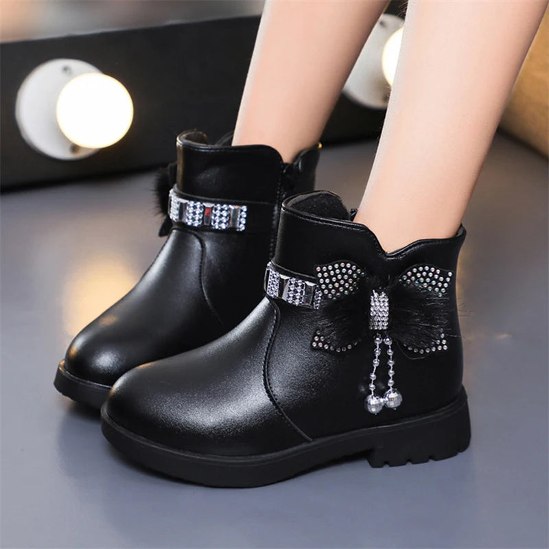 Winter Children's Shoes Girl Mid Length Warm Leather Boots Baby Bow Zpaxo