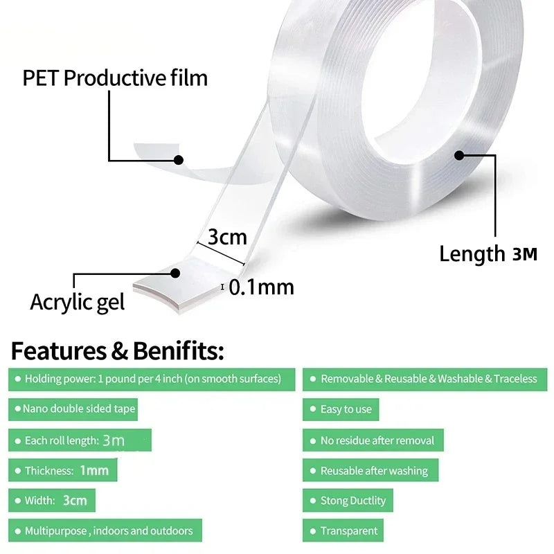 1 Roll Transparent Double Sided Nano Tape, Waterproof Wall Stickers, Reusable Heat Resistant home improvement Zpaxo