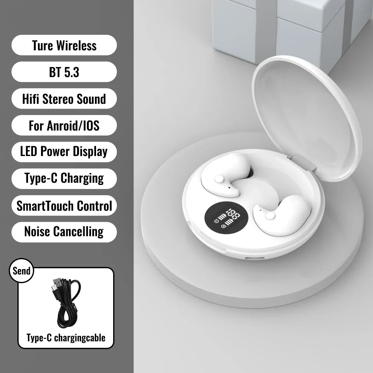 Bluetooth 5 3 Earphones Invisible Sleep Earbuds Wireless In-ear Zpaxo White