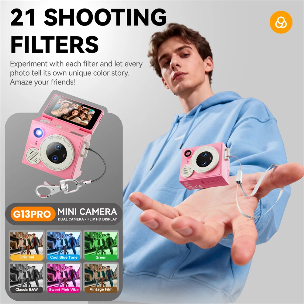 G13 Digital Camera 180° Flip Screen Selfile Keychain Camera Retro Support Memory Card HD Very Small Camcorder Video Recorder New Zpaxo G13 Pro Pink Camera Add 8G