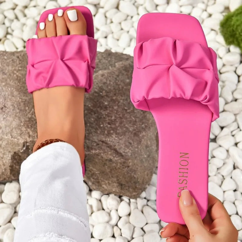 Summer Slippers Women Flip Flops Flats 2024 Pleated Korean Sandals