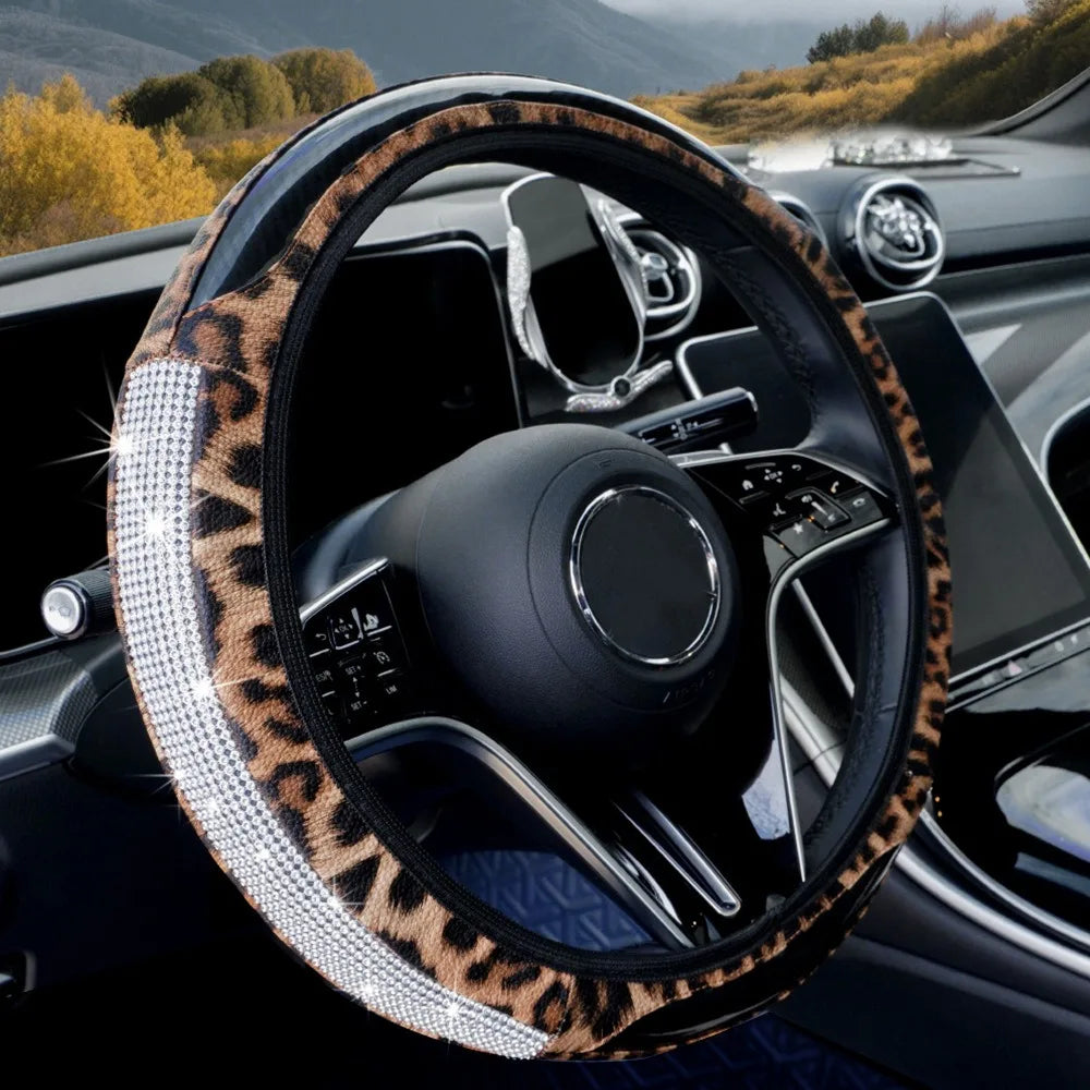 High-end Leopard-print Leather Car Steering Wheel Cover Embedded Zpaxo Light brown