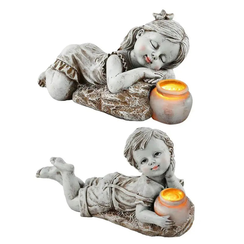 Garden Resin Child Sculpture Cute Little Boy Girl Statue Solar Indoor