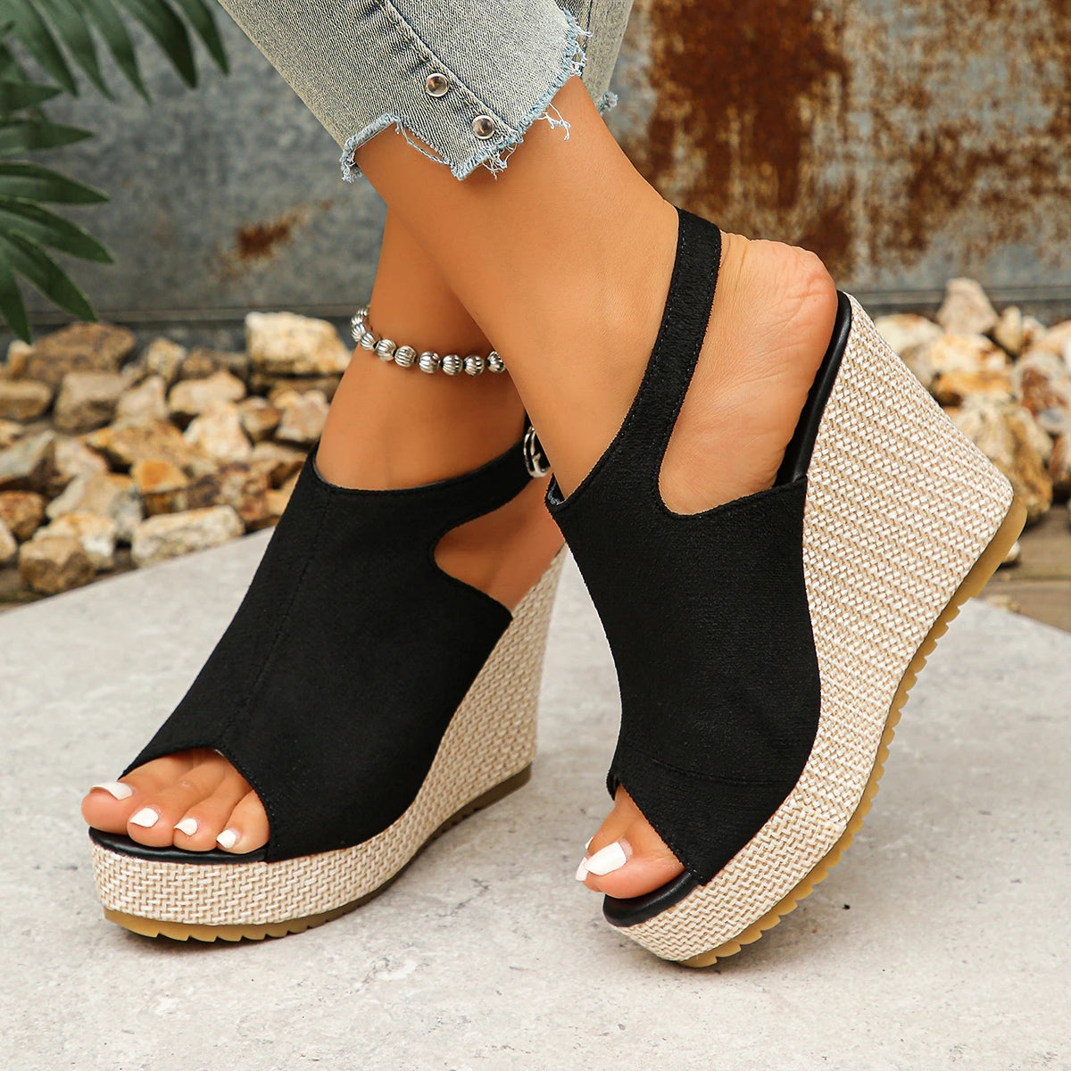 Women Wedges Sandals Peep Toe Heeled Summer Ankle Straps Platform Zpaxo black 40