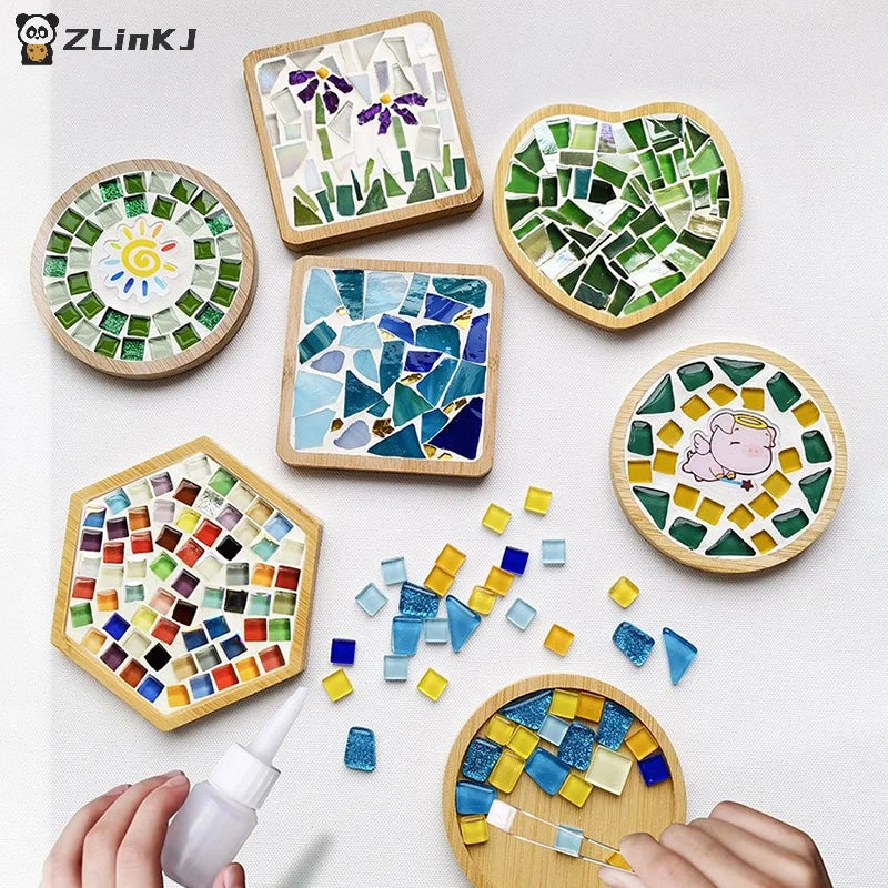 ▶Handmade DIY Mosaic Cup Mat Bottom Bamboo Pad Early Education Free Creation Handicraft Toys Craft Easy Making Birthday Gift Zpaxo