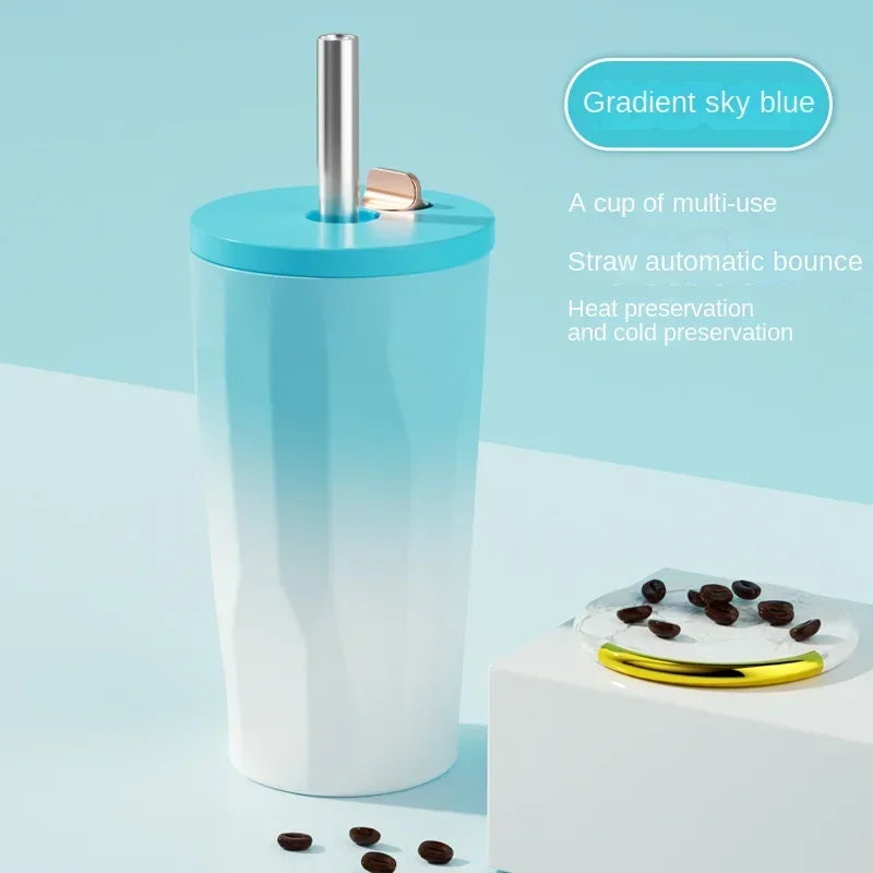 New 600ml Fashion Gradient Coffee Cup Portable Stainless Steel Water Cup with Straw Heat and Cold Insulation Coffee Gift Cup LIY Zpaxo Blue 600ML