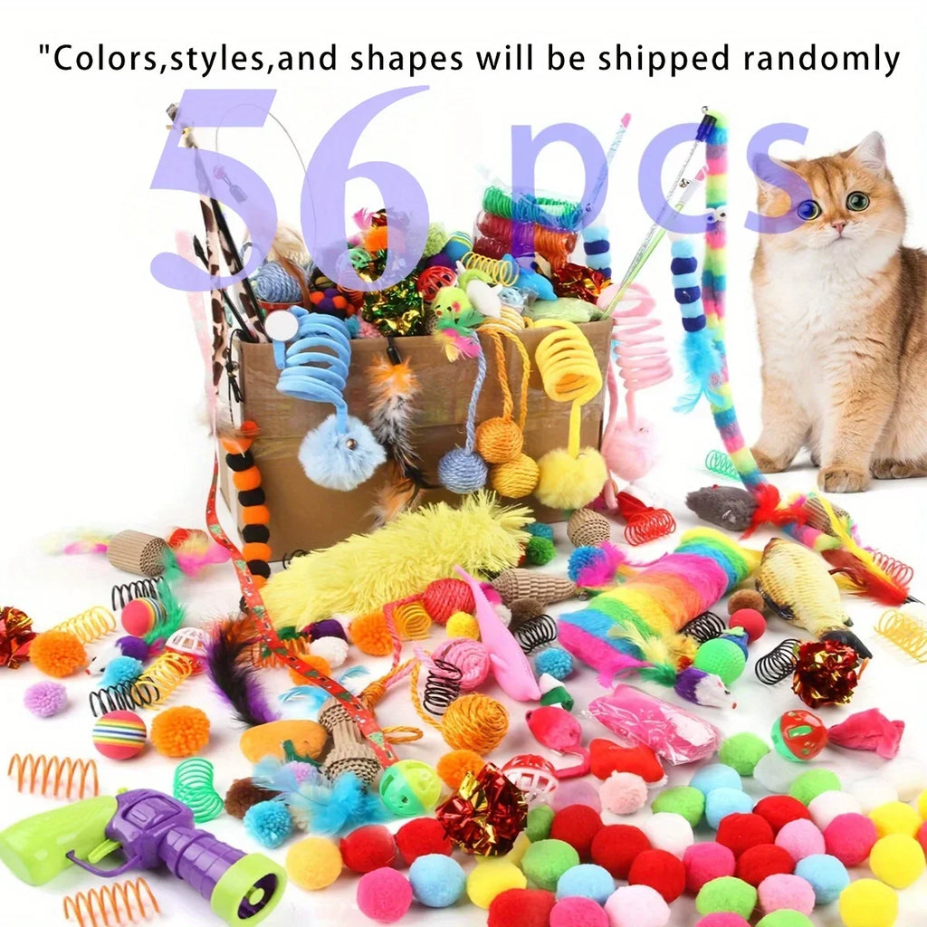 56pcs/28pcs/14pcs Pet Kitten Toys Variety Cat Toy Combination Set Cat Toy Funny Cat Stick Sisal Mouse Bell Ball Cat Supplies Zpaxo