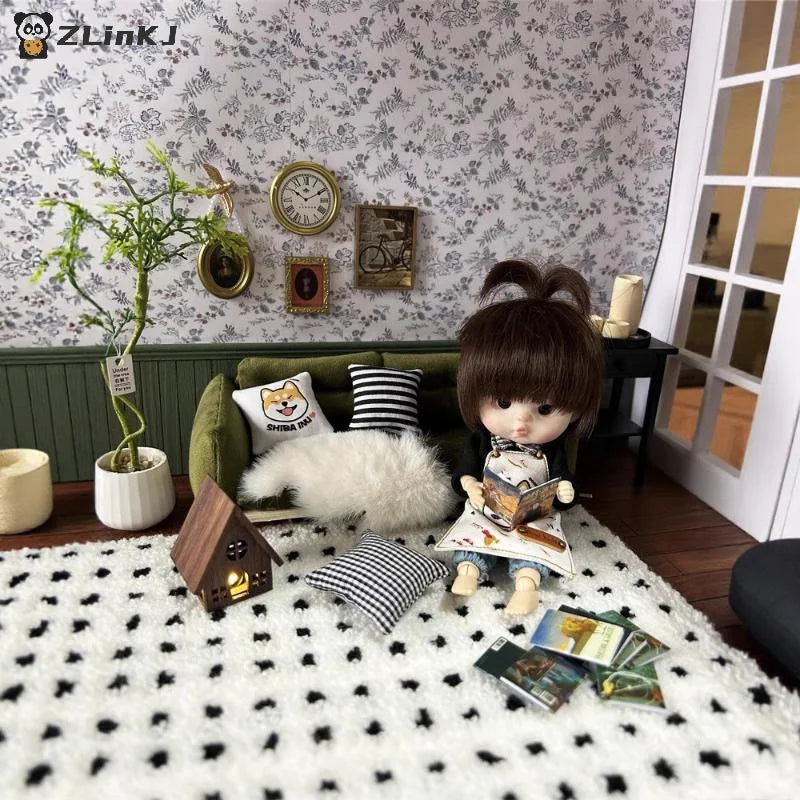 ▶1/12 Dollhouse Imitation Sheepskin Plush Rug Model Dollhouse Bedroom Living Room Floor Mat Decoration Doll House Accessories Zpaxo