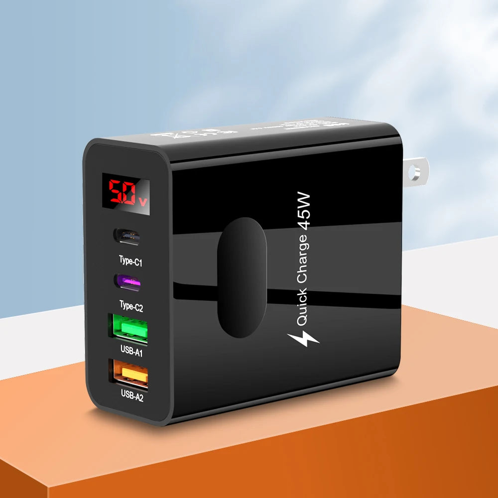 45W 4-Port USB-C Fast Wall Charger | QC 3.0 & PD Display USB Wall Charger Zpaxo US Black