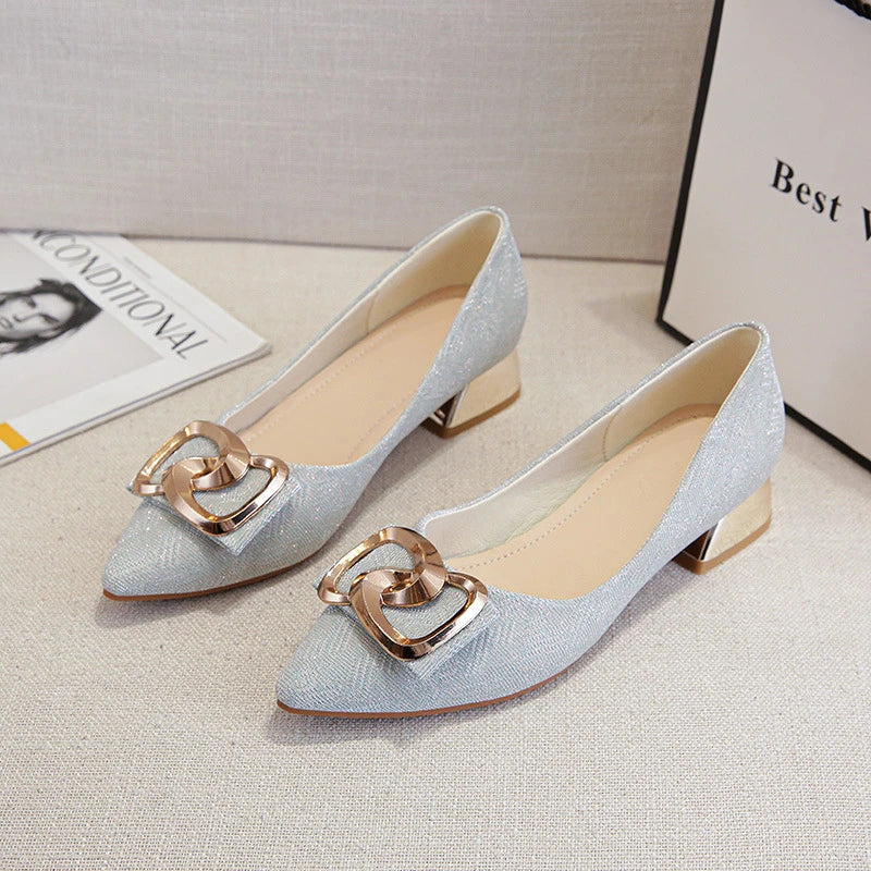 Womens Metal Square Buckle Mid Heel Pumps Chunky Pointed Toe Soft Zpaxo