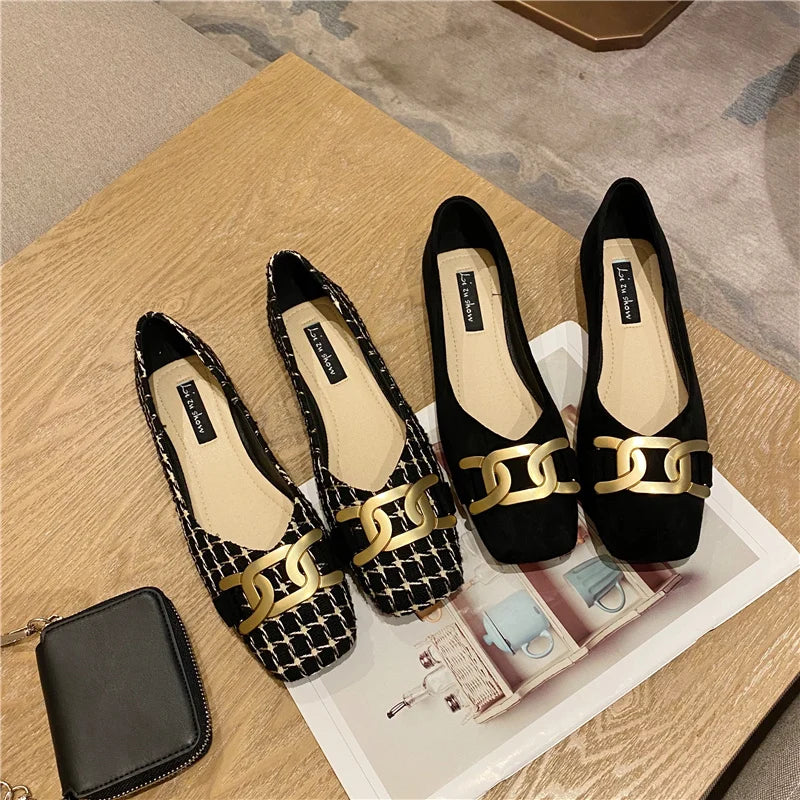 Flat Shoes Women's Square Toe New Spring Summer Fashion Shallow Metal Buckle Plaid Suede Ladies Shoes Women Plus Size 44 45 46 Zpaxo