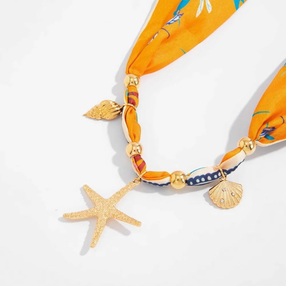 Bohemian INS Printed Scarf Necklace Stylish Lightweight Starfish Shell Necklace Trendy Comfortable Vacation Jewelry Zpaxo