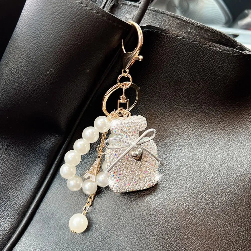Charming Gift Bow Knot Shape Keychain Pearls Tassel Rhinestone Keyring Rhinestone Inlaid Cute Shape Shape Keyring Decor Zpaxo