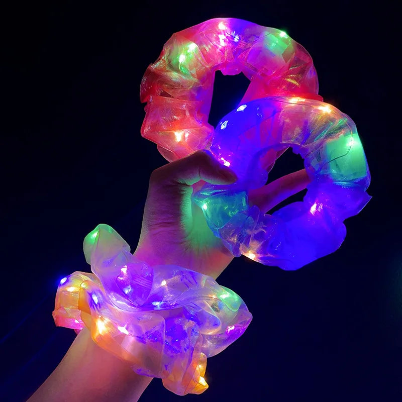 LED Light Up Hair Scrunchies Candy Bright Organza Scrunchy Elastic