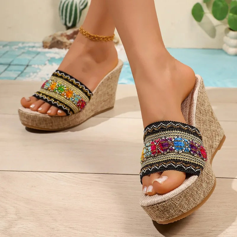 Bohemian Women's Comfortable Vintage Wedge Heel Slippers Summer Women Zpaxo