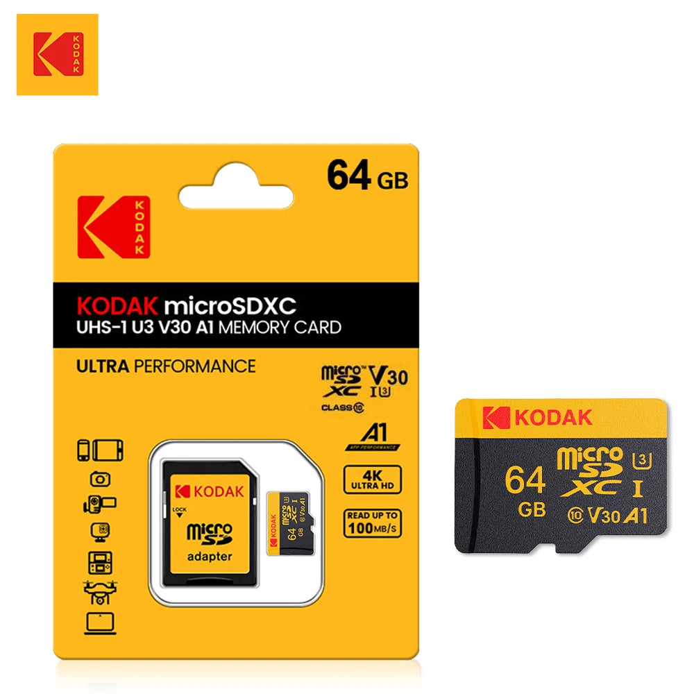 KODAK Micro SD Card Memory Card UP TO 100MB/s C10 U3 32GB 64GB 128GB 256GB TF Card 4K HD For USB Card Reader Adapter Microsd Zpaxo U3 64G