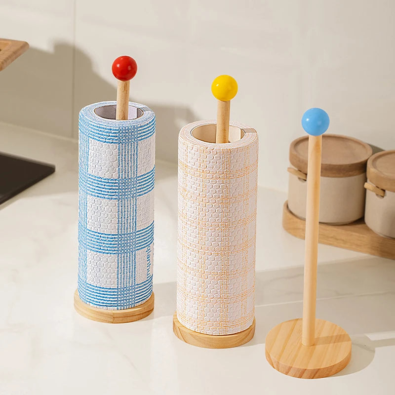 Kitchen Wooden Roll Paper Towel Holder Bathroom Tissue Vertical Stand