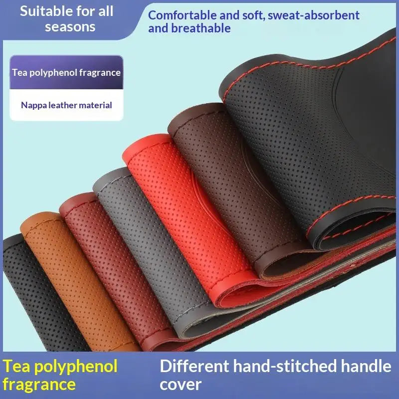Hand-Sewn Leather Steering Wheel Cover – 38cm Universal