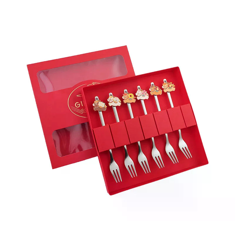 Chinese New Year Themed Cutlery Set Stainless Steel Creative Cartoon Year Of The Horse Fork Spoon 2/4/6pcs Holiday Gift Cutlery Zpaxo
