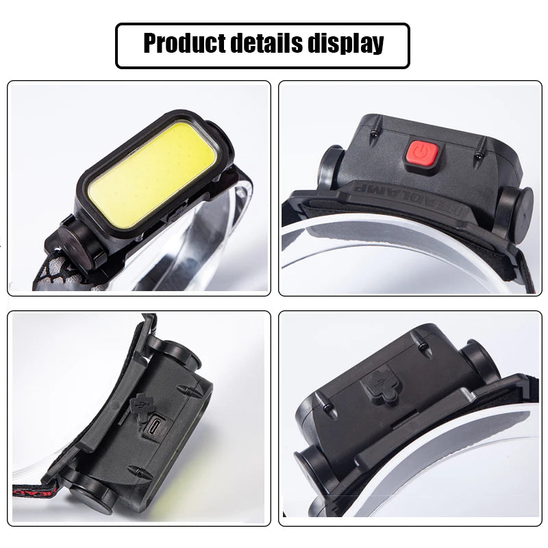 COB LED Headlamp USB Rechargeable 4 Modes – 18650 Battery