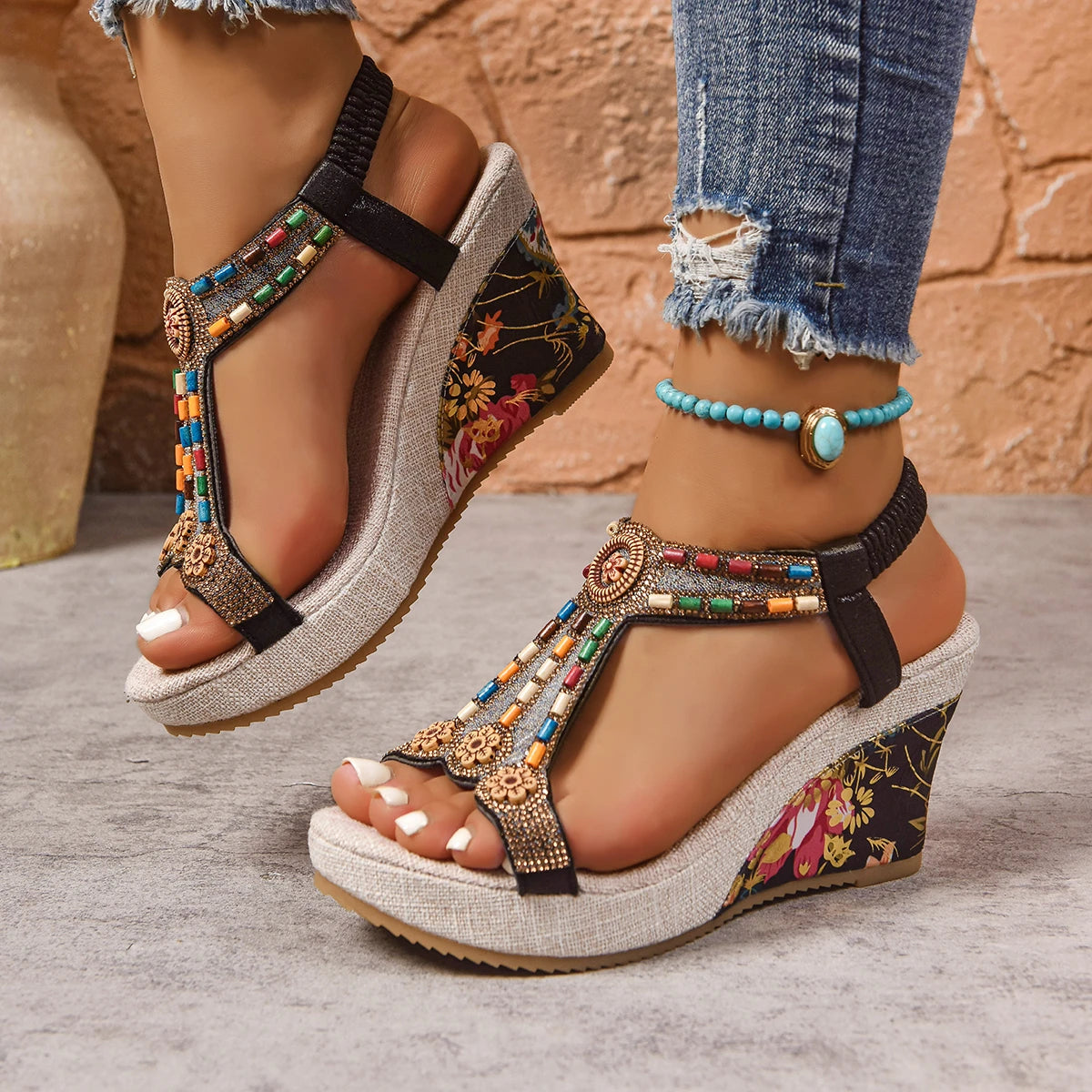 Women Sandals Heels Shoes Summer Beach Bohemian Wedge Platform Zpaxo