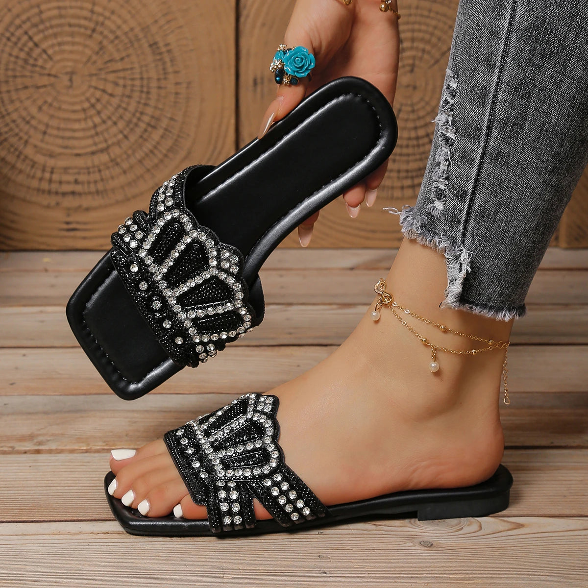 Summer Women Slippers 2026 Rhinestone Thick Heel Sandals Fashion Flat Zpaxo black 42
