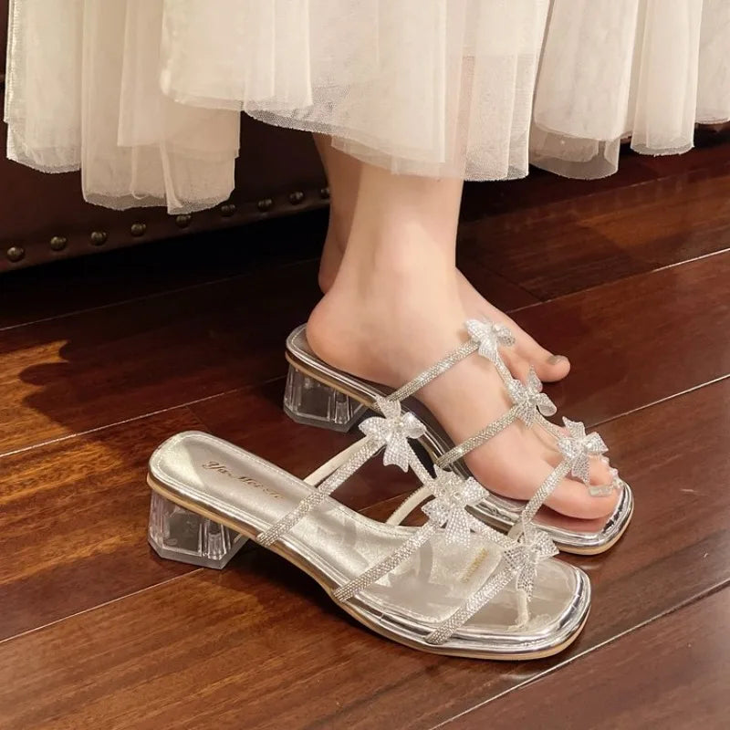 Women's Summer Chunky Heel Sandals Women French Rhinestone Butterfly Zpaxo Silver 40