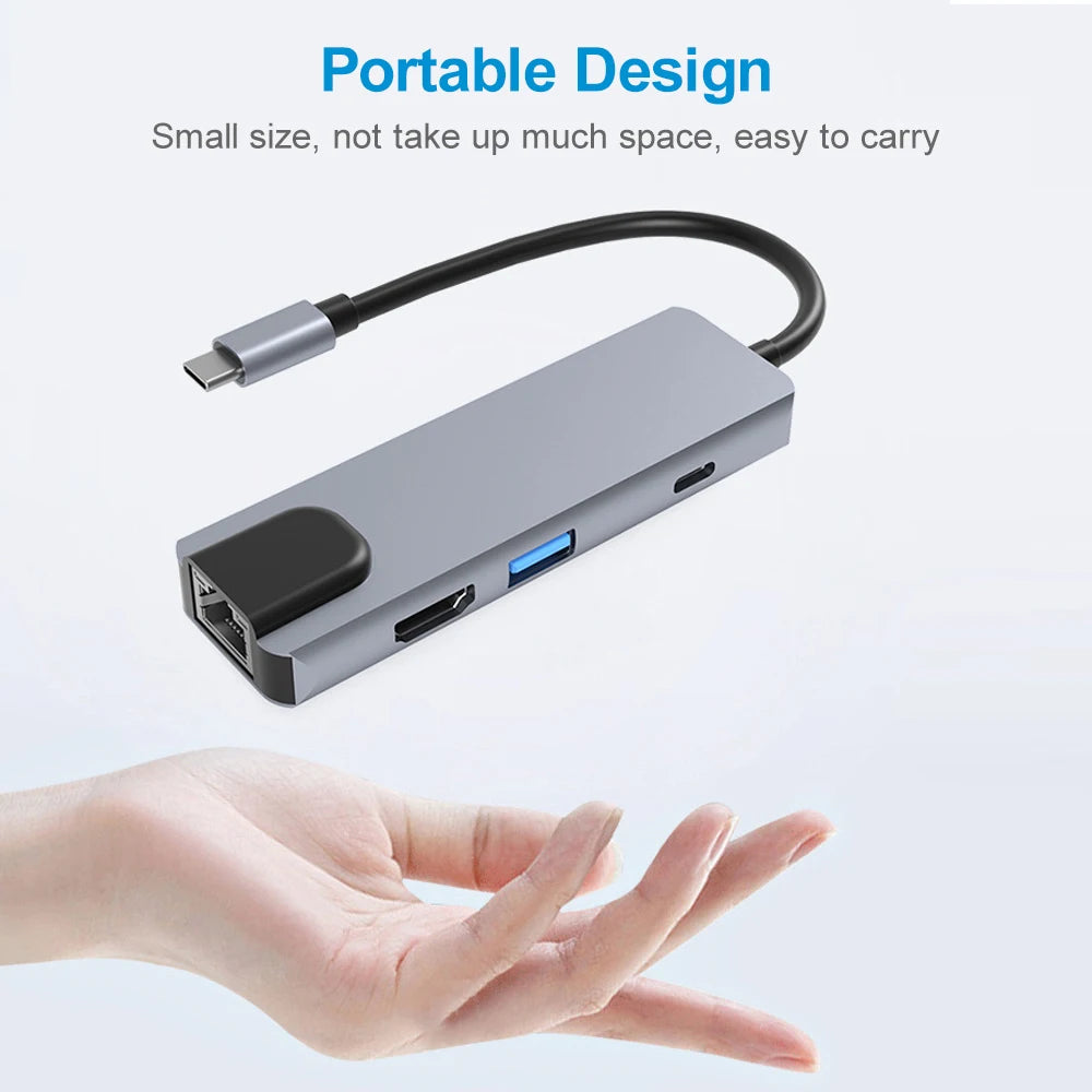 6-in-1 Type-C Hub Multifunctional Type-C Converter Av100M RJ45 HD USB3.0 PD Ports SD TF Card Slots Zpaxo