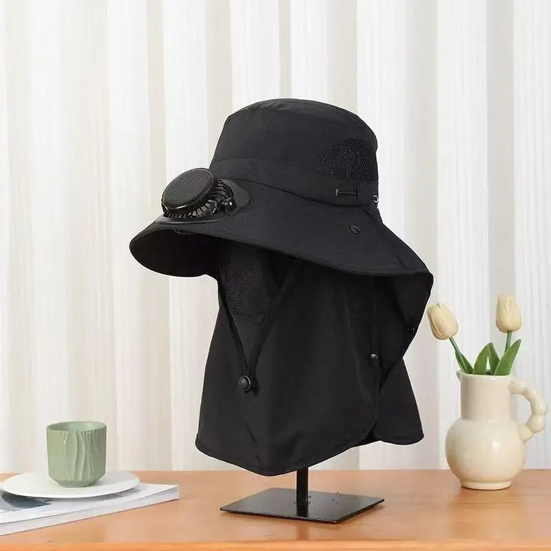 Men's Solar Fan Fishing Hat USB Rechargeable UV Wide Brim