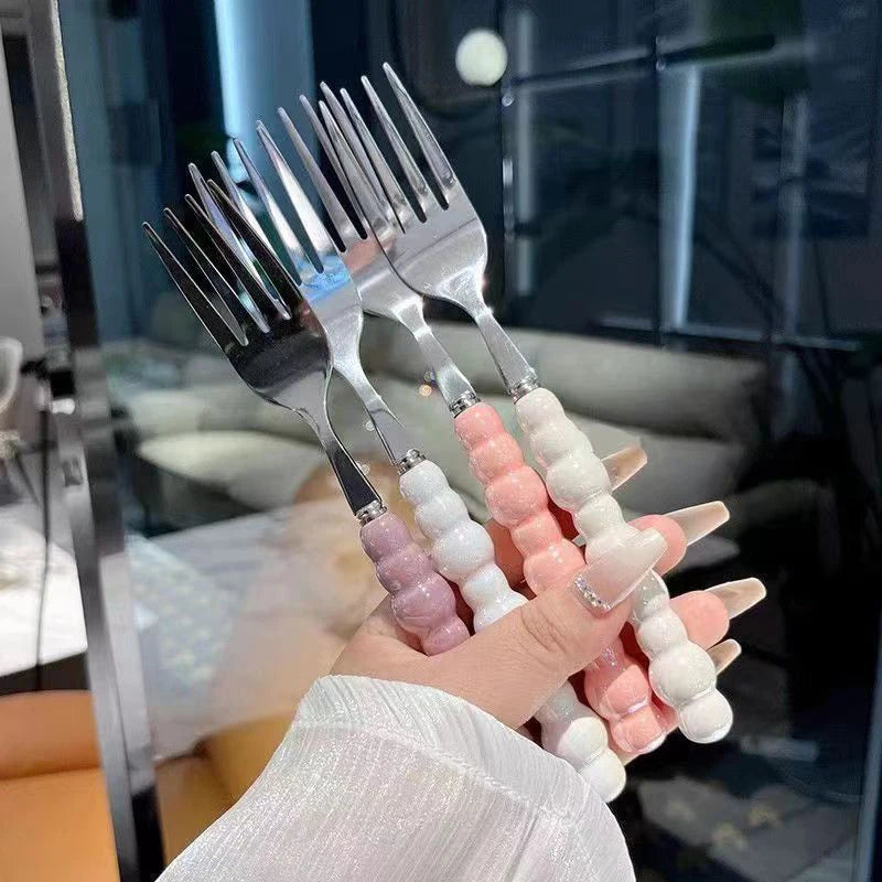 Pearl Handle Fork Stainless Steel Dessert Household Steak Pasta Salad Zpaxo
