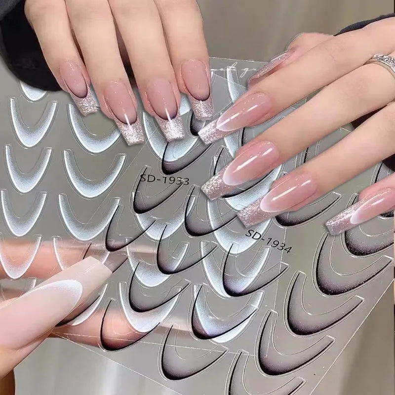 French Gradient Line Nail Art Stickers 3D Self-Adhesive White+Black Slider Design Nail Tip Stencil Manicure Guide DIY Nail Decor Zpaxo