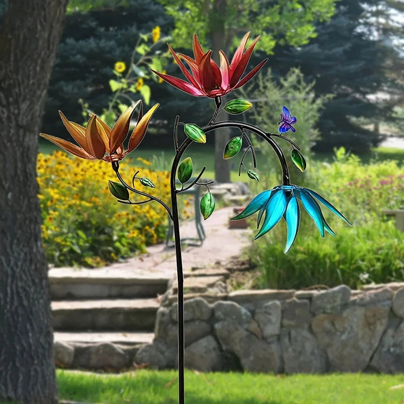 Metal Wind Spinner Flowers Butterflies Three Rotating Flower