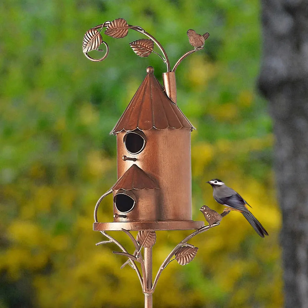 Birdhouse Garden Stakes Outdoor Decor Metal Bird House Art Crafts