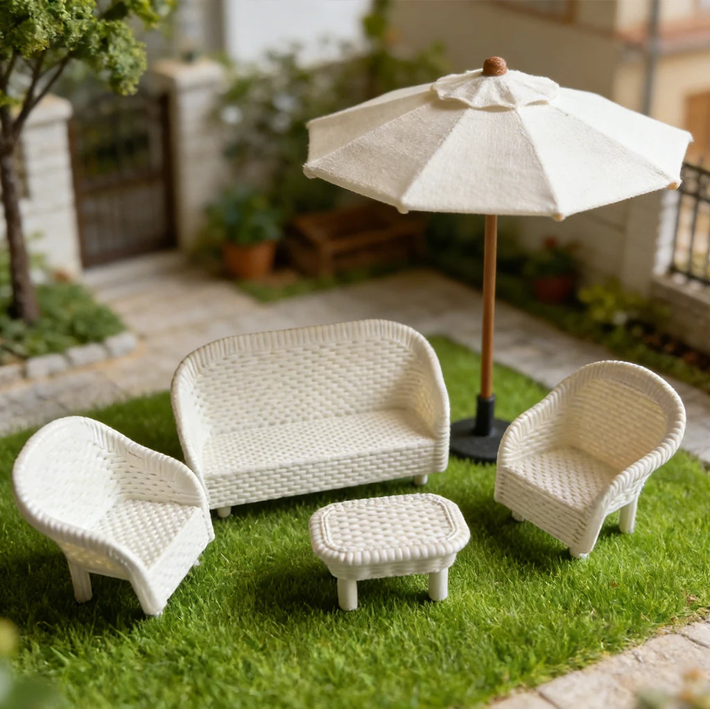 4-Piece Miniature Wicker Tea Table & Chair Set | Dollhouse Decor