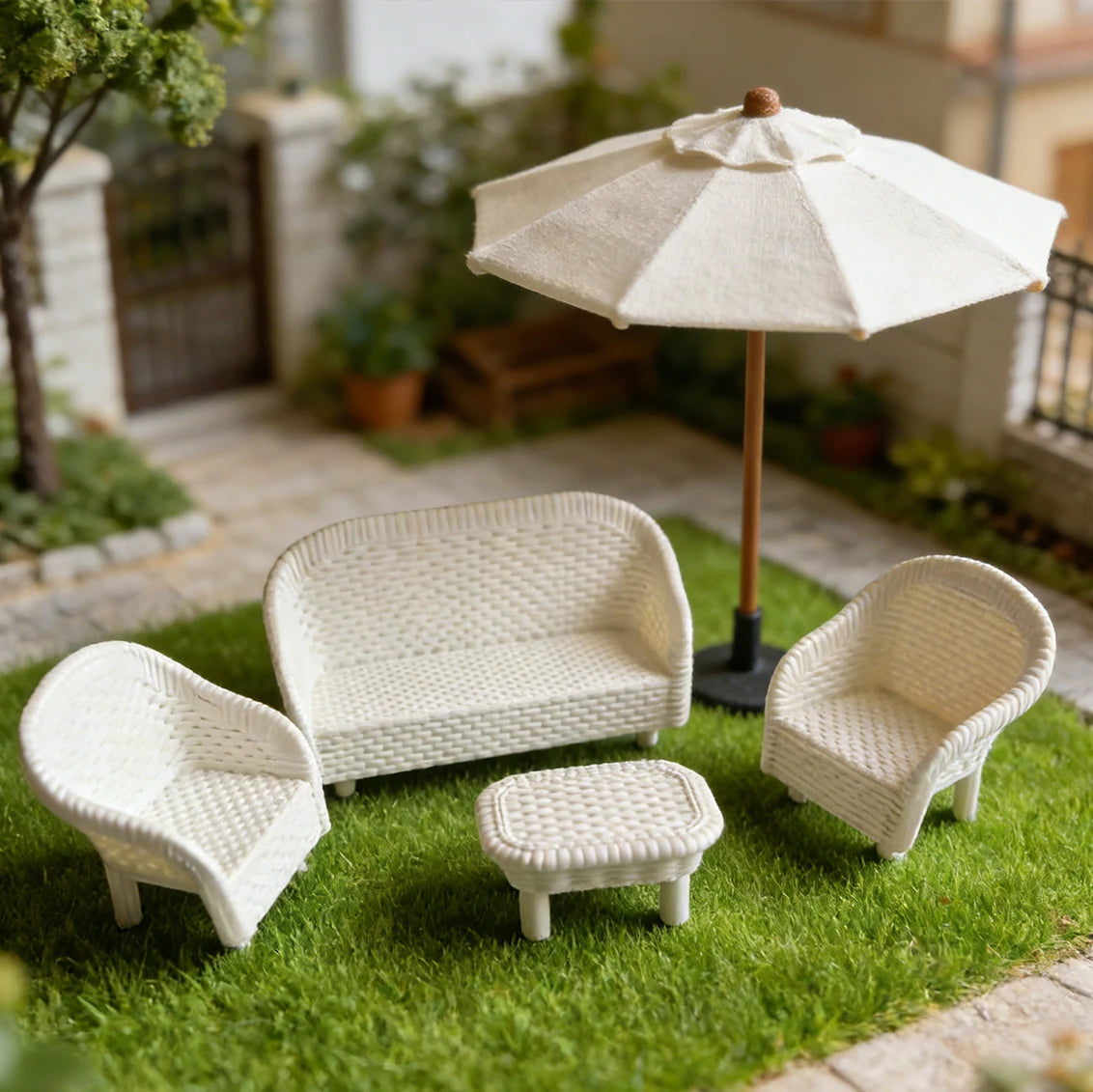 4-Piece Miniature Wicker Tea Table & Chair Set | Dollhouse Decor