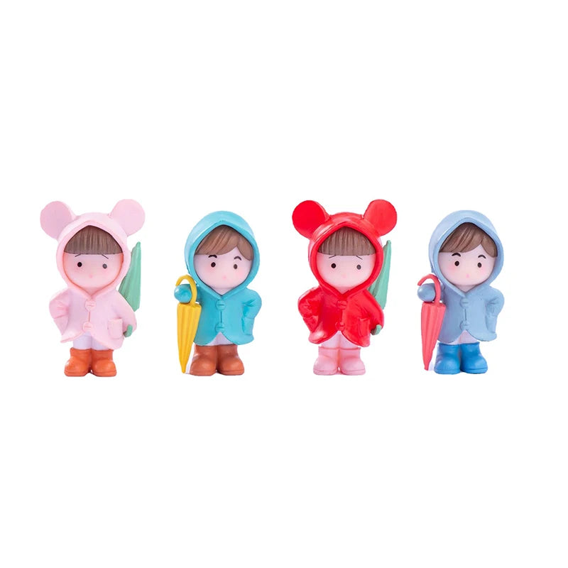 1＆4PC Umbrella Raincoat Girl Boy Figure Decor Pvc Craft Figurine Decor Miniature Fairy Garden Ornament Pendant DIY Accessory Zpaxo