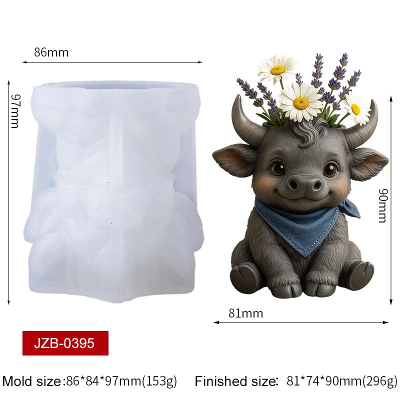3D Animal Succulent Planter Pot Silicone Mold Squirrel Dog Cat Bear Owl Octopus Cement Flower Pot Candle Holder Pen Holder Mold Zpaxo Calf
