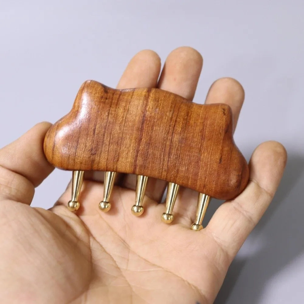 Handcrafted Golden Sandalwood Meridian Comb Wooden Copper-alloy Teeth Zpaxo