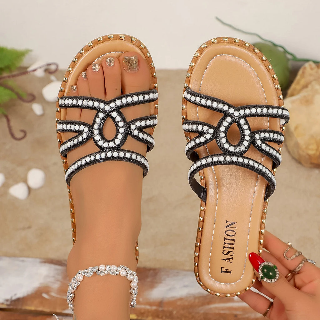 Women Rhinestone Slippers 2025 Outdoor Fashion Slippers Non-Slip Beach Shoes Comfortable Flat Square Heel Sandals Slides Women Zpaxo
